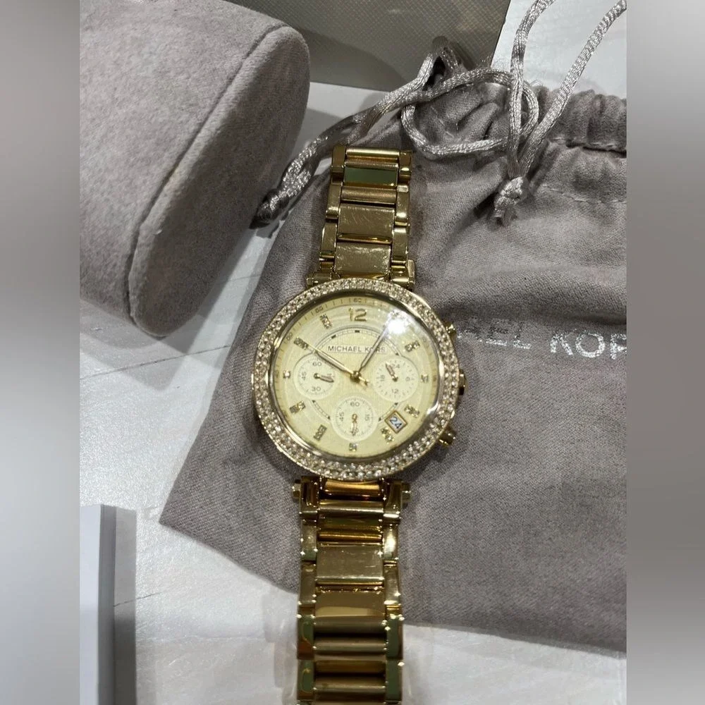 Michael Kors jeweled gold colored‎ watch with box, bag, pillow needs batteries